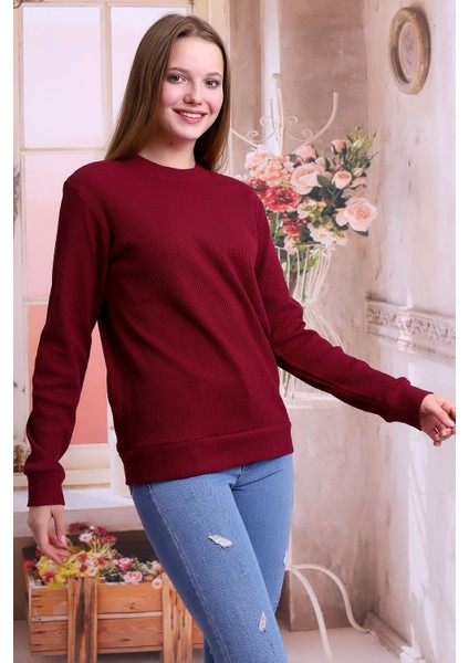 Kadın Bordo Bisiklet Yaka Petek Kumaş Sweatshirt SLF1365