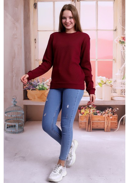 Kadın Bordo Bisiklet Yaka Petek Kumaş Sweatshirt SLF1365