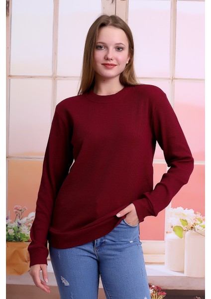 Kadın Bordo Bisiklet Yaka Petek Kumaş Sweatshirt SLF1365