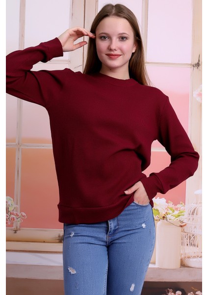 Kadın Bordo Bisiklet Yaka Petek Kumaş Sweatshirt SLF1365