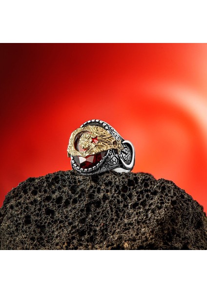 925 Ayar Gümüş Ay Yıldız Motifli Kalem Işlemeli Erkek Yüzük