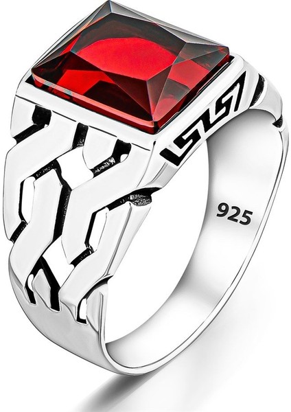 925 Ayar Gümüş Kırmızı Kare Taşlı Erkek Yüzük fırsatları