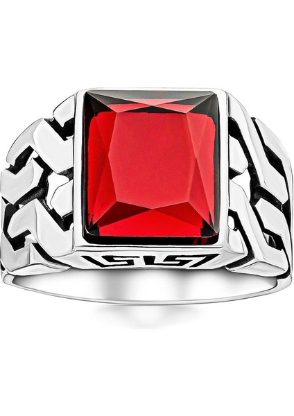 925 Ayar Gümüş Kırmızı Kare Taşlı Erkek Yüzük indirimleri