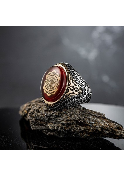 Hz Süleyman Mührü Işlemeli Usta Işi Kehribar Taşlı Süslü Desenli Gümüş Erkek Yüzük