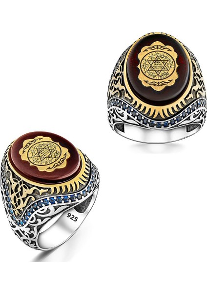Hz Süleyman Mührü Işlemeli Usta Işi Kehribar Taşlı Süslü Desenli Gümüş Erkek Yüzük fiyatları