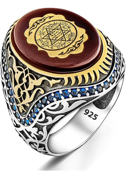 Hz Süleyman Mührü Işlemeli Usta Işi Kehribar Taşlı Süslü Desenli Gümüş Erkek Yüzük modelleri
