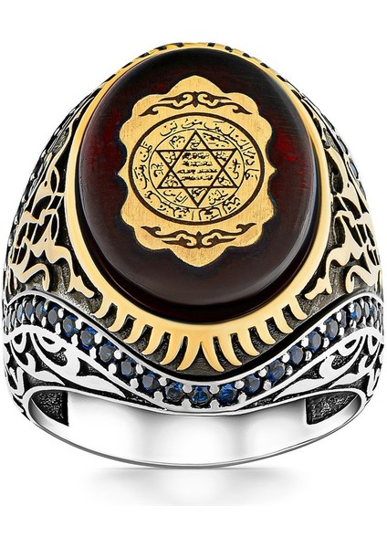 Hz Süleyman Mührü Işlemeli Usta Işi Kehribar Taşlı Süslü Desenli Gümüş Erkek Yüzük fırsatları