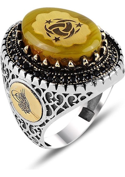 Kehribar Taş Üzeri Teşkilat-I Mahsusa Motifli Gümüş Erkek Yüzük