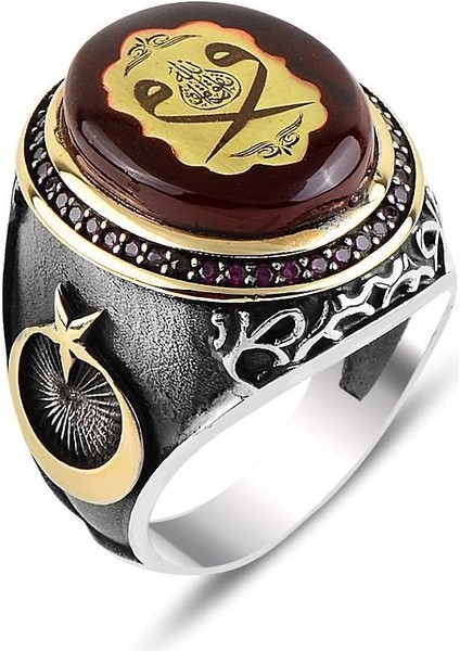 Kehribar Taşlı Çift Vav Motifli Gümüş Erkek Yüzük