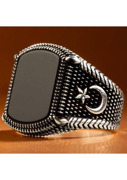 925 Ayar Gümüş Siyah Oniks Taşlı Ay Yıldızlı Erkek Yüzük