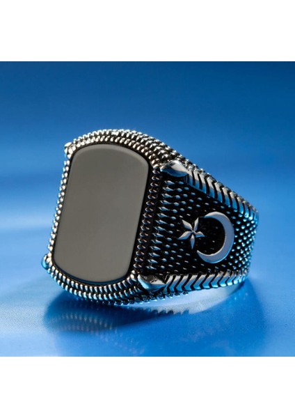 925 Ayar Gümüş Siyah Oniks Taşlı Ay Yıldızlı Erkek Yüzük indirimleri