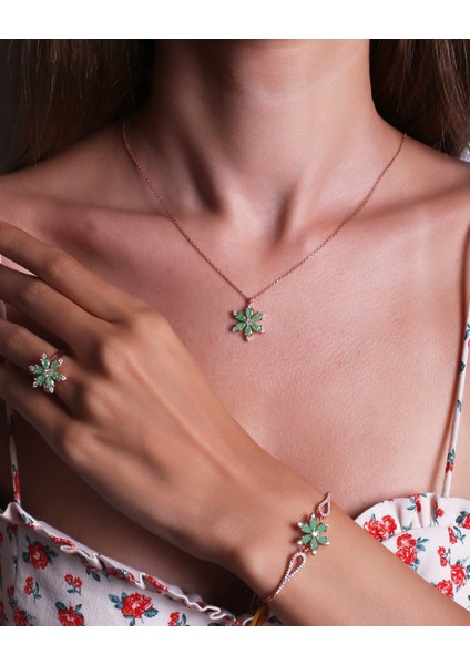 925 Ayar Gümüş Yeşil Taşlı Rose Renk Kadın Yonca Takı Set modelleri