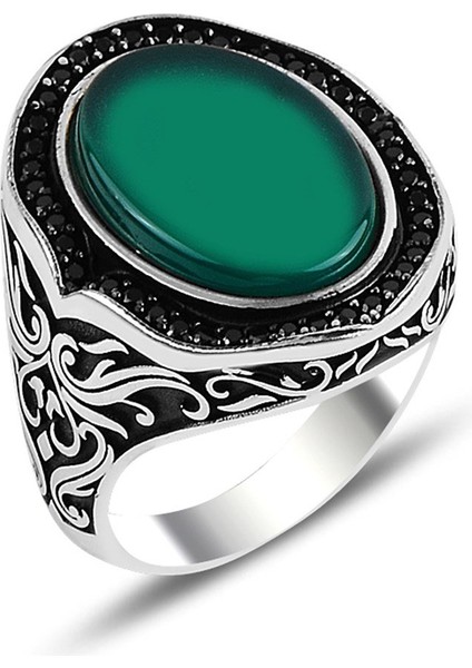 Yeşil Akik Kehribar Taşlı Osmanlı Desenli Gümüş Erkek Yüzük