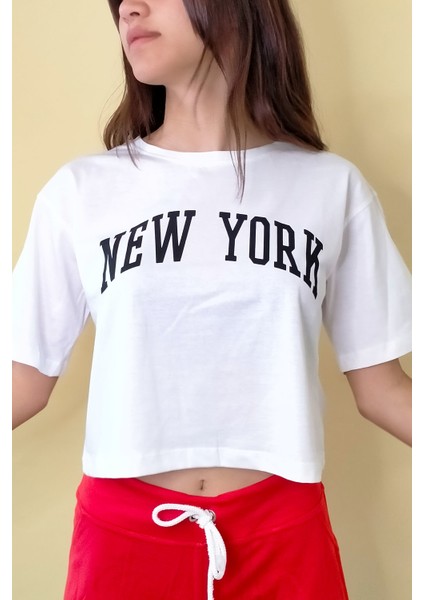 Kadın Bisiklet Yaka New York Baskılı Oversize Crop