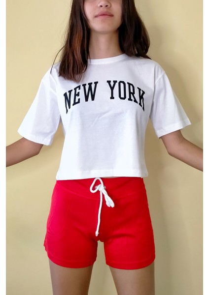 Kadın Bisiklet Yaka New York Baskılı Oversize Crop