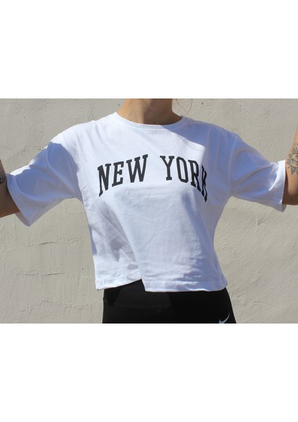 Kadın Bisiklet Yaka New York Baskılı Oversize Crop