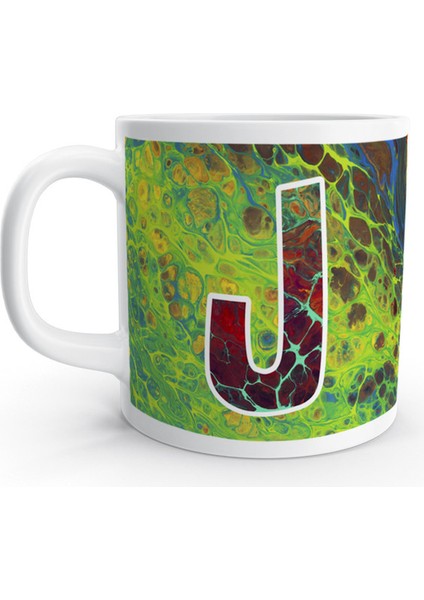 J Harfi Saykodelik Ebru Sanatı Psychedelic Renkli Harfli Kupa Bardak