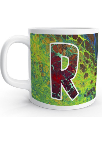R Harfi Saykodelik Ebru Sanatı Psychedelic Renkli Harfli Kupa Bardak