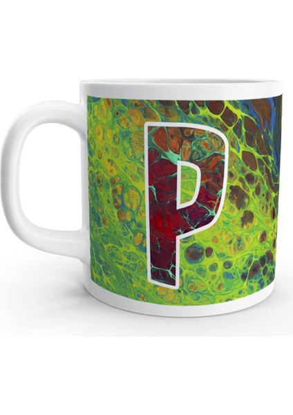 P Harfi Saykodelik Ebru Sanatı Psychedelic Renkli Harfli Kupa Bardak