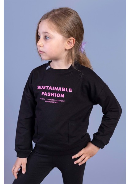 Toontoy Kız Çocuk Cep Detaylı Baskılı Sweatshirt