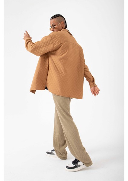 Oversize Kapitone Camel Gömlek