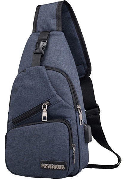 Moda Erkekler Sling Göğüs Çantası Omuz Çantası USB Şarj Portu Daypack Koyu Mavi (Yurt Dışından)