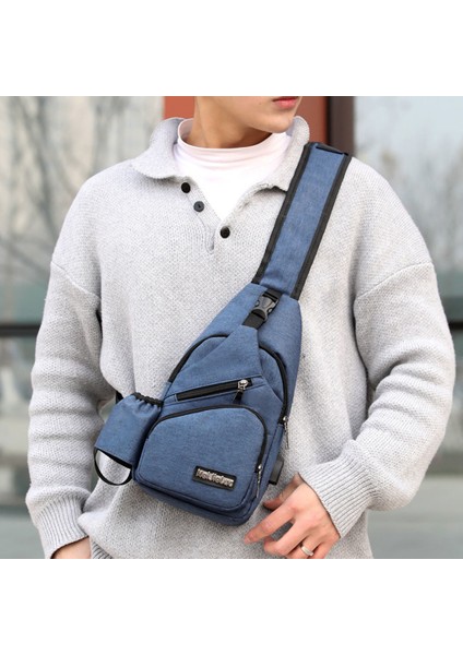 Moda Erkekler Sling Göğüs Çantası Omuz Çantası USB Şarj Portu Daypack Koyu Mavi (Yurt Dışından) fırsatları