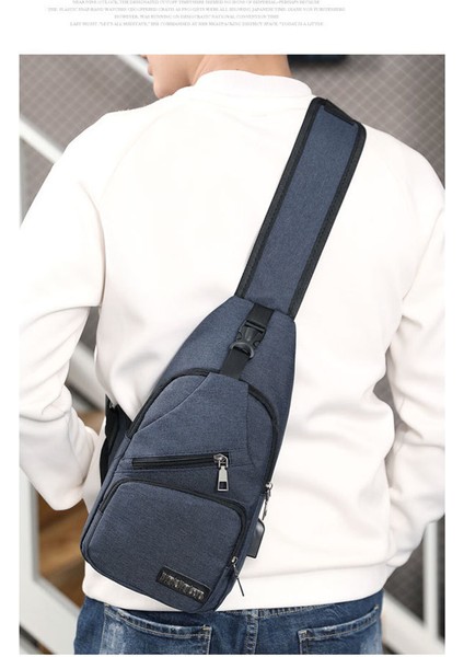 Moda Erkekler Sling Göğüs Çantası Omuz Çantası USB Şarj Portu Daypack Koyu Mavi (Yurt Dışından) indirimleri
