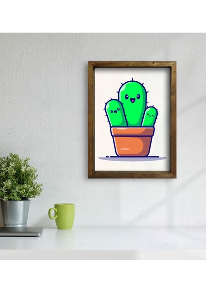 Gift Kaktüs Tasarımlı Doğal Masif Ahşap Çerçeveli Tablo 30 x 40 cm - 3 modelleri