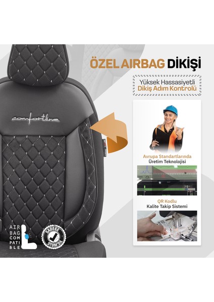 Comfortline Vip Design Airbag Dikişli Ekstra Destekli Gerçek Taytüyü Süet Exclusive Oto Koltuk Kılıfı Beyaz-Siyah