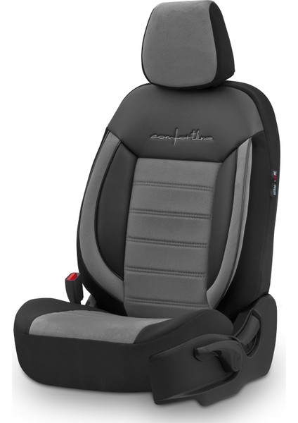 Comfortline Design Airbag Dikişli Ekstra Destekli Gerçek Taytüyü Süet Premium Oto Koltuk Kılıfı Gri-Siyah
