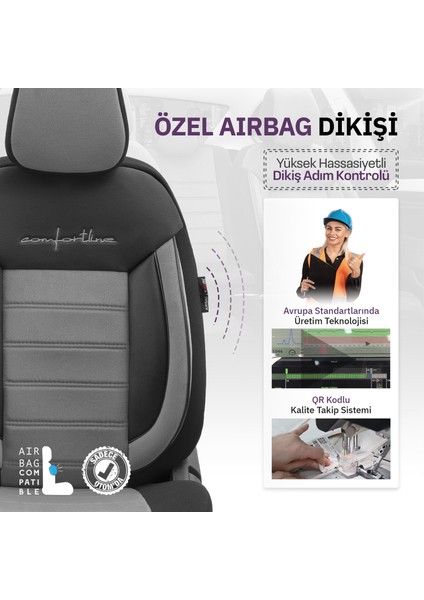 Comfortline Design Airbag Dikişli Ekstra Destekli Gerçek Taytüyü Süet Premium Oto Koltuk Kılıfı Gri-Siyah modelleri