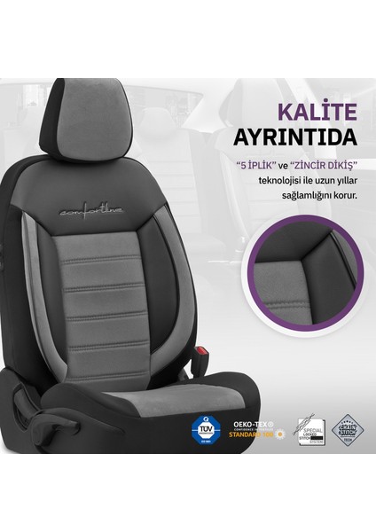 Comfortline Design Airbag Dikişli Ekstra Destekli Gerçek Taytüyü Süet Premium Oto Koltuk Kılıfı Gri-Siyah indirimleri