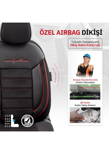 Comfortline Design Airbag Dikişli Ekstra Destekli Gerçek Taytüyü Süet Premium Oto Koltuk Kılıfı Kırmızı-Siyah