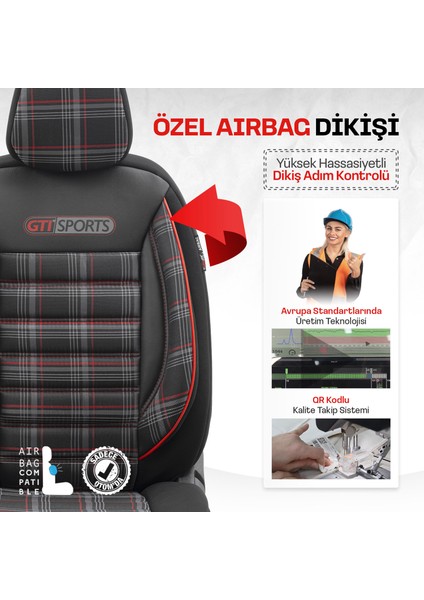 Gti Sports Design Airbag Dikişli Ekstra Destekli Özel Jacquard Kumaş Oto Koltuk Kılıfı Kırmızı-Siyah modelleri