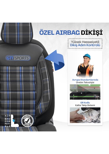 Gti Sports Design Airbag Dikişli Ekstra Destekli Özel Jacquard Kumaş Oto Koltuk Kılıfı Mavi-Siyah