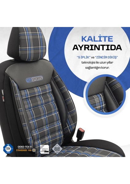 Gti Sports Design Airbag Dikişli Ekstra Destekli Özel Jacquard Kumaş Oto Koltuk Kılıfı Mavi-Siyah