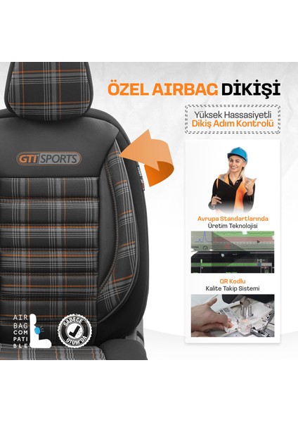 Gti Sports Design Airbag Dikişli Ekstra Destekli Özel Jacquard Kumaş Oto Koltuk Kılıfı Turuncu-Siyah modelleri