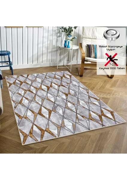 Yıkanabilir Kaymaz Taban Desen 1094 Gri/gold 100 x 200 cm Dijital Baskı Halı