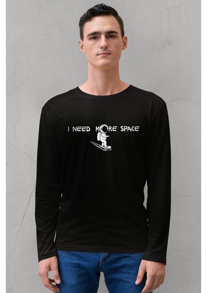 Uzayda Kaykay Bisiklet Yaka Siyah Uzun Kollu Penye Erkek T-Shirt