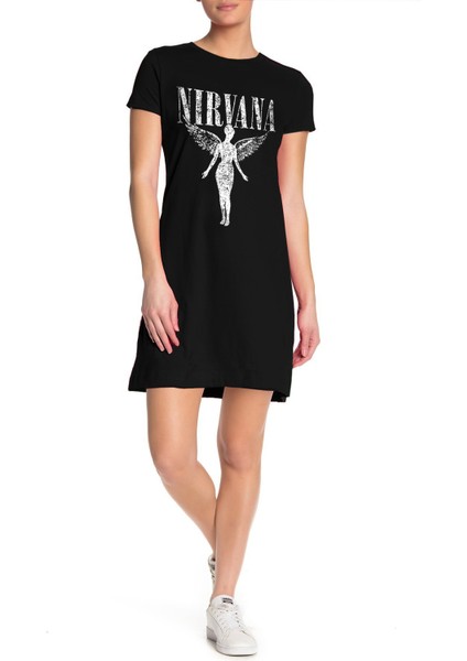 Melek Nirvana Siyah Kısa Kollu Penye T-Shirt Elbise