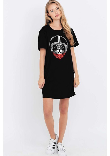 Kasklı Kedi Siyah Kısa Kollu Penye T-Shirt Elbise