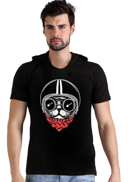Kasklı Kedi Kapüşonlu Siyah Kısa Kollu Erkek T-Shirt