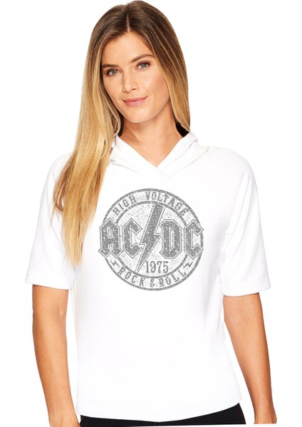 Dairede Acdc Kapüşonlu Beyaz Kısa Kollu Kadın T-Shirt
