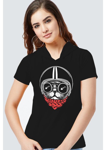 Kasklı Kedi Kapüşonlu Siyah Kısa Kollu Kadın T-Shirt