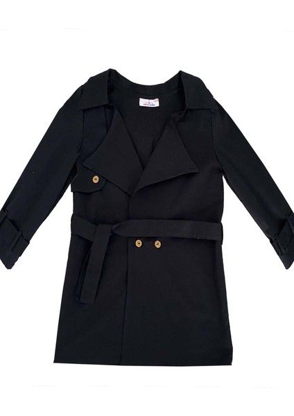 Çocuk Siyah Trençkot Kemerli Unisex