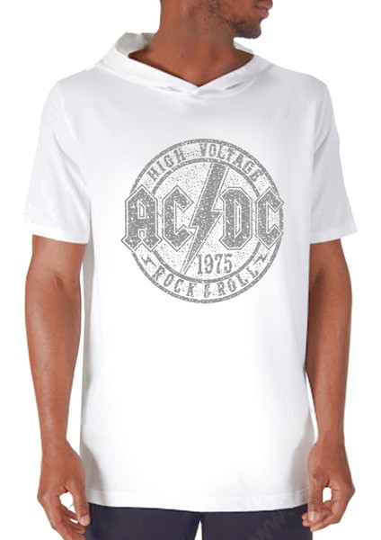 Dairede Acdc Kapüşonlu Beyaz Kısa Kollu Erkek T-Shirt