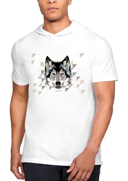 Geometrik Kurt Kapüşonlu Beyaz Kısa Kollu Erkek T-Shirt