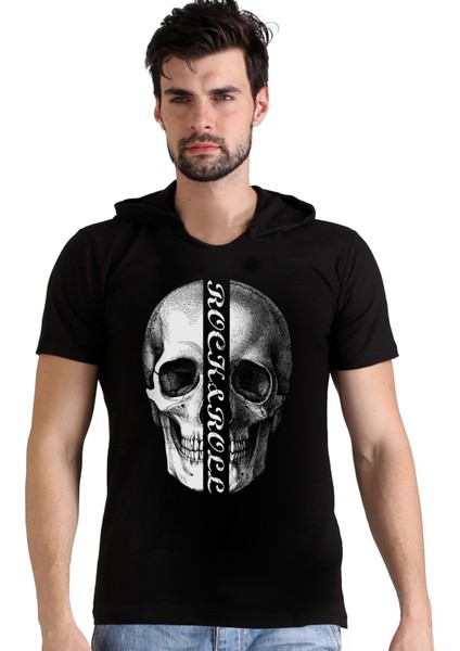 Yarım Kurukafa Kapüşonlu Siyah Kısa Kollu Erkek T-Shirt