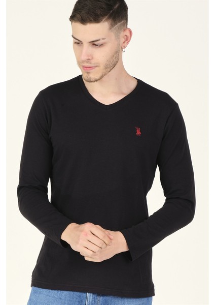 T8587 Dewberry V Yaka Erkek Sweatshirt-Siyah